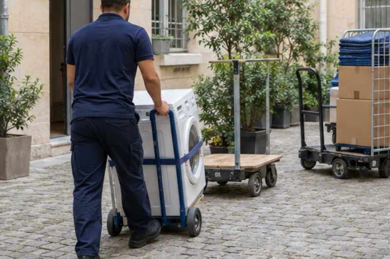 Déménageur qui roule un lave-linge sanglé sur un diable, cour intérieure d'immeuble, chariots roulants