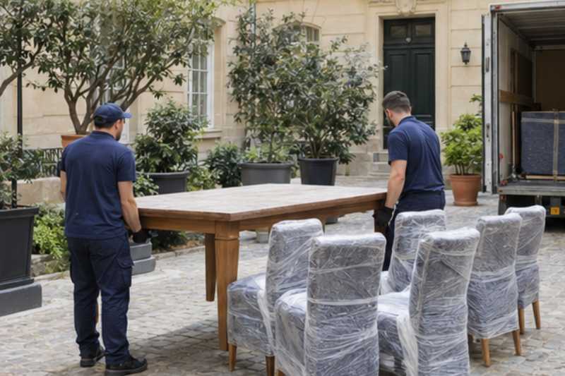 Déménageurs qui chargent une table en bois et six chaises emballées, cour pavée d'immeuble ancien