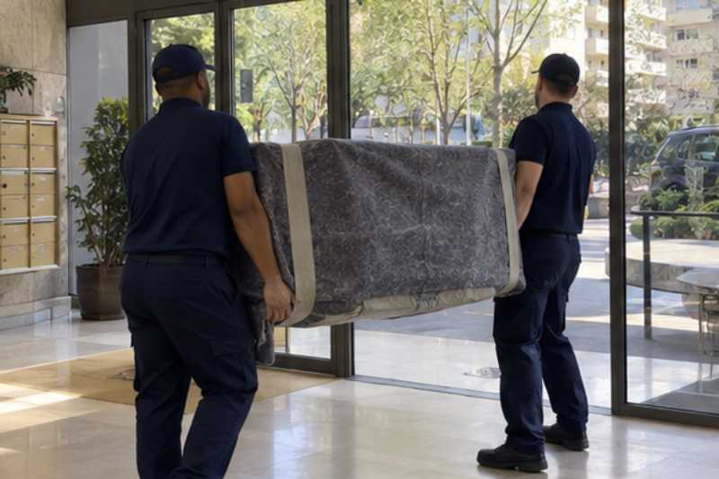 Deux déménageurs portent une commode emballée dans une couverture de protection, Drancy
