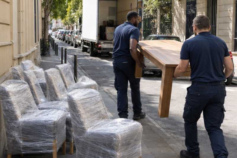 Déménageurs qui chargent une table en bois et six chaises emballées, rue étroite, camion blanc garé plus loin