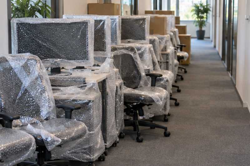 Chaises de bureau et écrans emballés alignés dans un couloir de bureaux