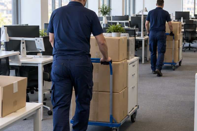 Déménageurs qui roulent des caisses de bureau sur des chariots dans un open space