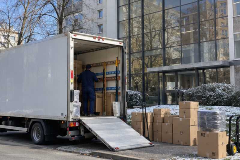 Camion de déménagement blanc garé le long du trottoir, hayon abaissé, cartons alignés, Épinay-sur-Seine