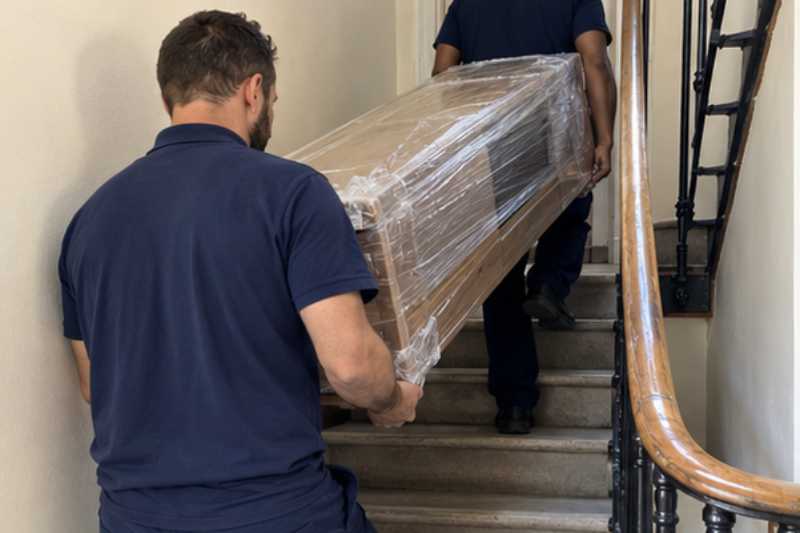 Déménageur qui porte un meuble TV bas entouré de film, escalier étroit d'immeuble