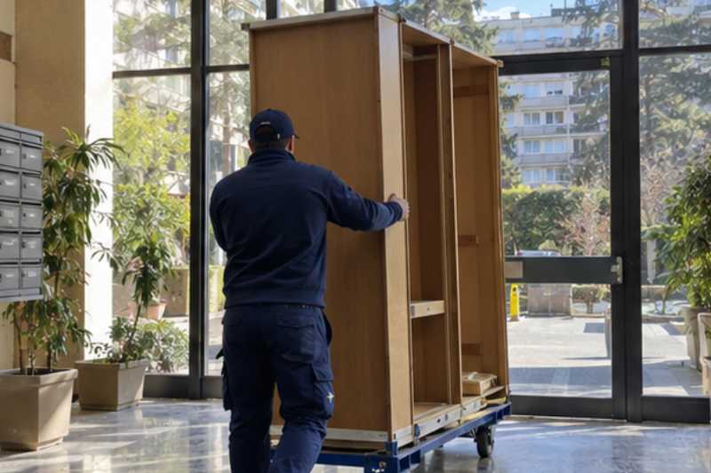Déménageur qui roule une armoire démontée sur un chariot à plateau, Épinay-sur-Seine