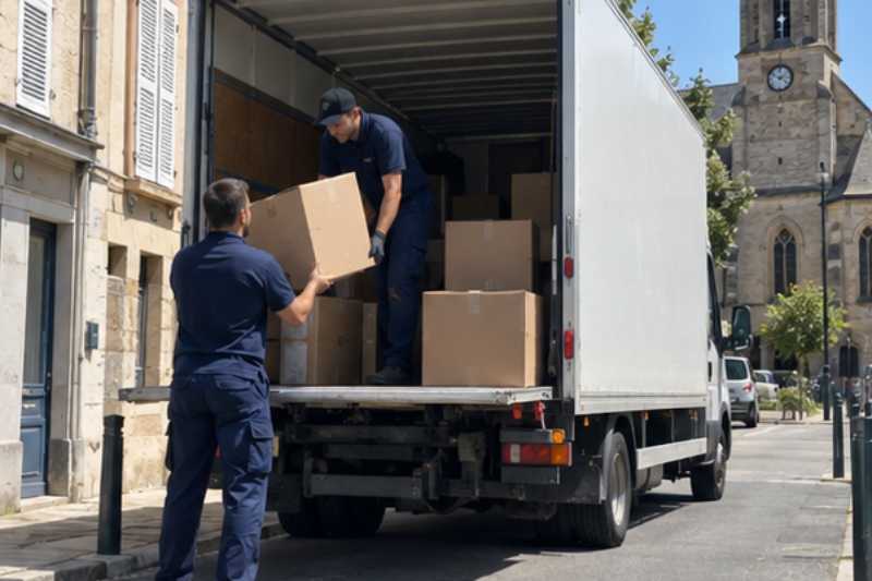 Camion blanc stationné devant l'entrée, deux déménageurs chargent des cartons, Ermont