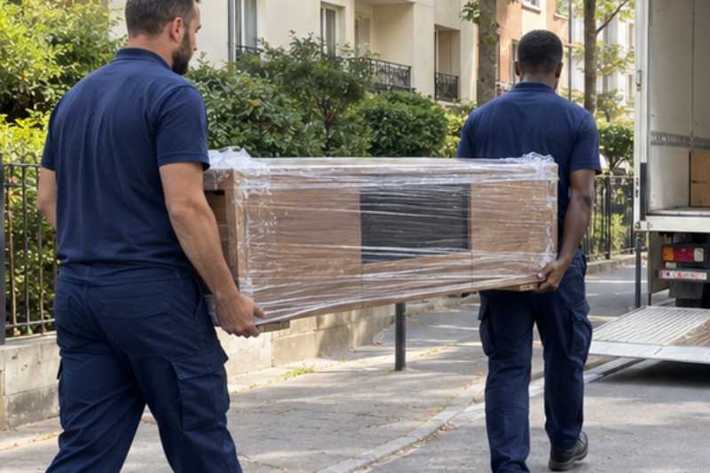 Déménageur qui porte un meuble TV bas entouré de film, rue résidentielle d'Île-de-France devant un immeuble