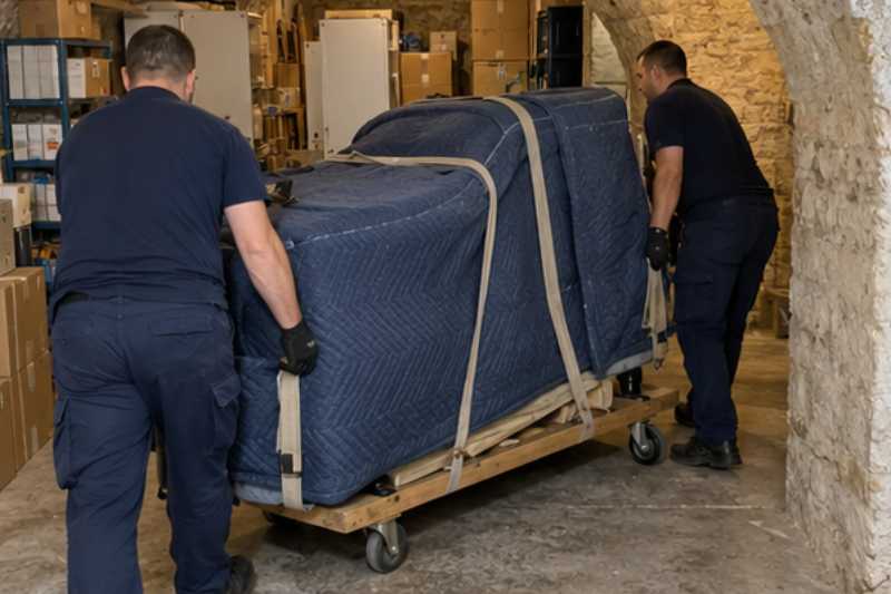 Déménageurs qui déplacent un piano demi-queue couché sur une planche de transport, protégé par des couvertures, cave voûtée d'immeuble avec cartons