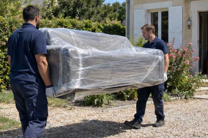 Déménageurs portant un canapé emballé sous film plastique, Ermont