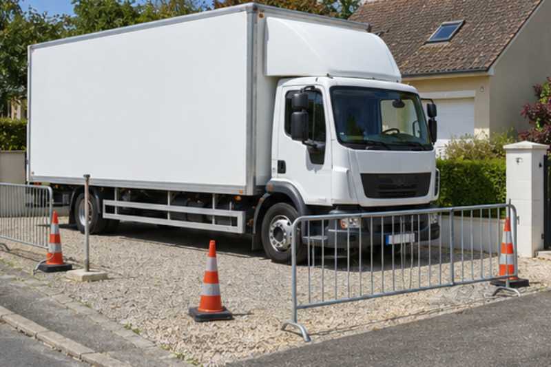 Camion blanc sur une place réservée délimitée par des barrières, Essonne