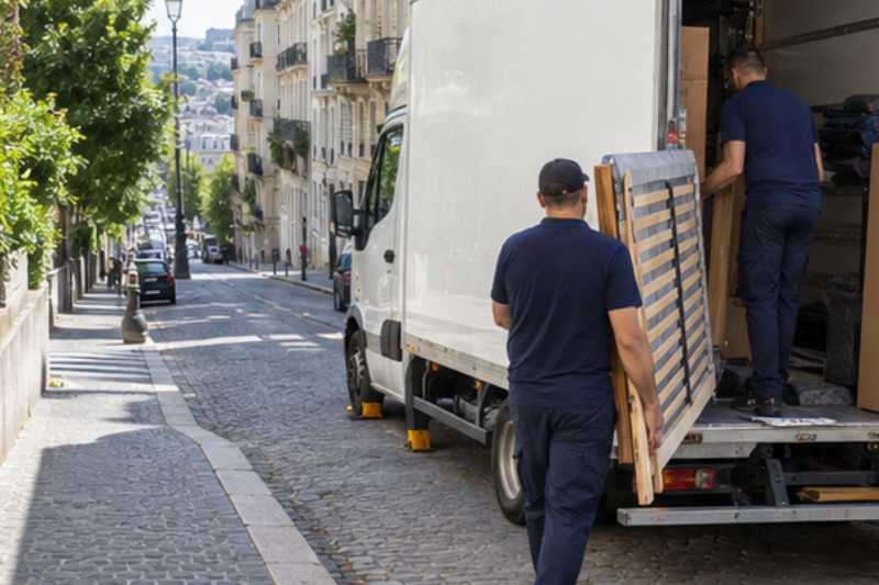 Déménageurs qui portent un sommier et les montants d'un lit démonté, rue en pente, camion calé le long du trottoir
