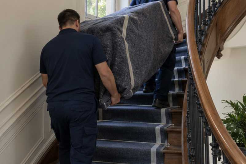 Deux déménageurs portent des meubles emballés sous couvertures, escalier ancien en bois aux marches couvertes de protections