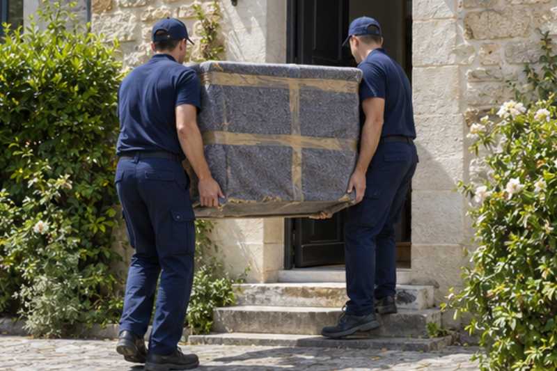 Deux déménageurs portent une commode emballée dans une couverture de protection, Essonne