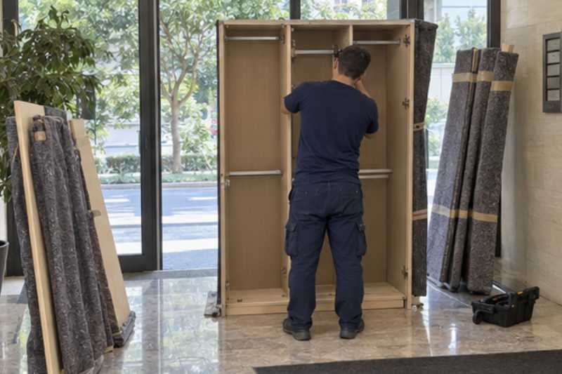 Déménageur qui démonte une armoire trois portes, panneaux protégés par des couvertures, sas d'entrée vitré d'immeuble