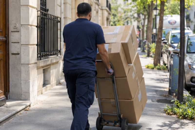 Déménageur qui roule une pile de cartons fermés sur un diable, rue résidentielle d'Île-de-France devant un immeuble