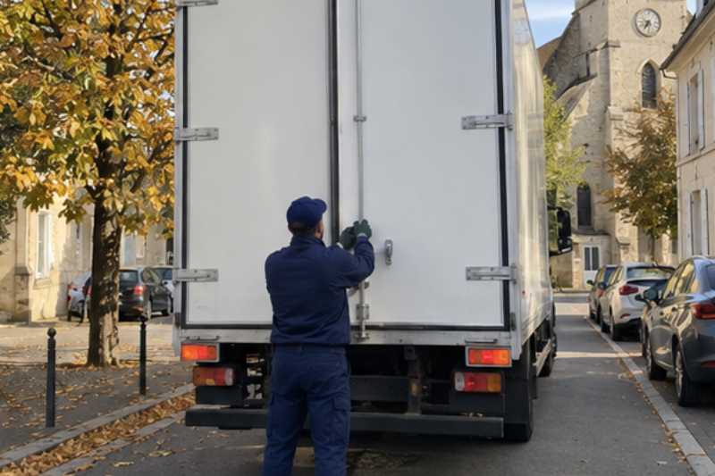 Déménageur qui ferme les portes arrière du camion chargé, Étampes