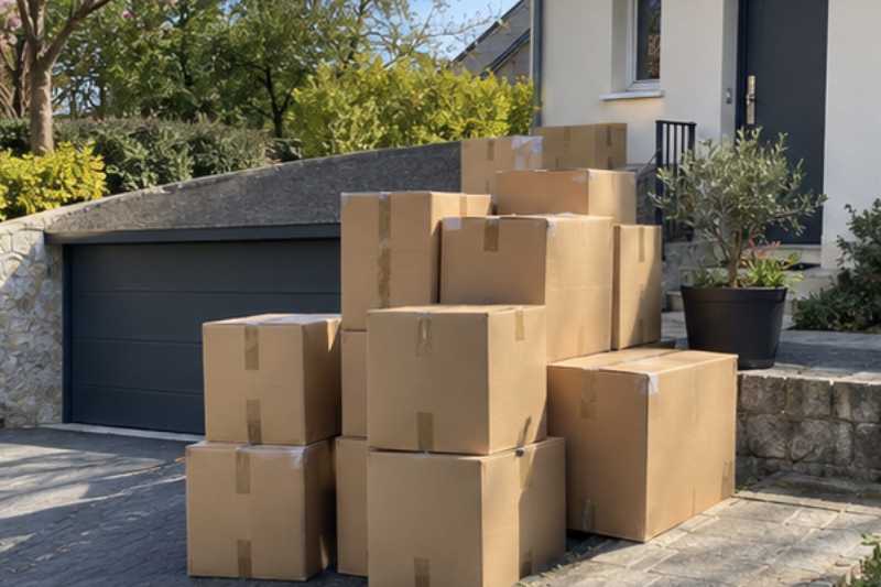 Pile de cartons fermés et étiquetés prête au pied de l'entrée, Étampes