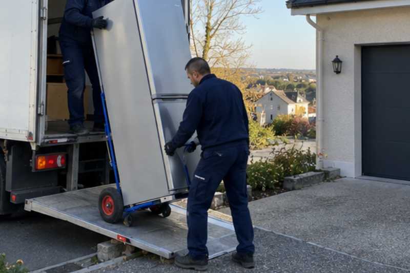 Déménageurs qui déchargent un réfrigérateur sur un diable depuis le hayon, Évry-Courcouronnes