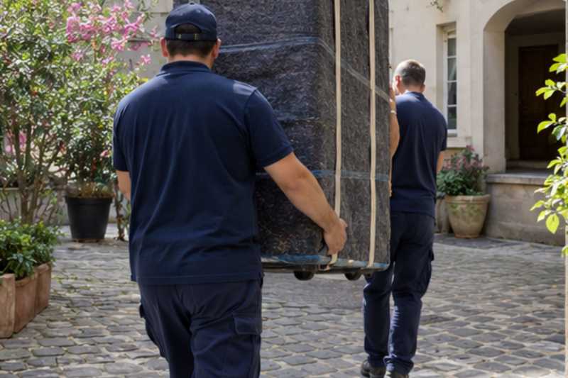 Deux déménageurs portent des meubles emballés sous couvertures, cour pavée d'immeuble ancien