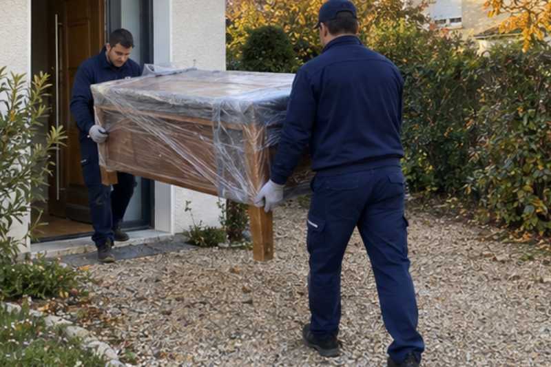 Deux déménageurs sortent une table en bois emballée, Évry-Courcouronnes