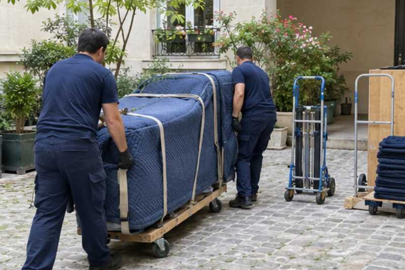 Déménageurs qui déplacent un piano demi-queue couché sur une planche de transport, protégé par des couvertures, cour intérieure d'immeuble, chariots roulants