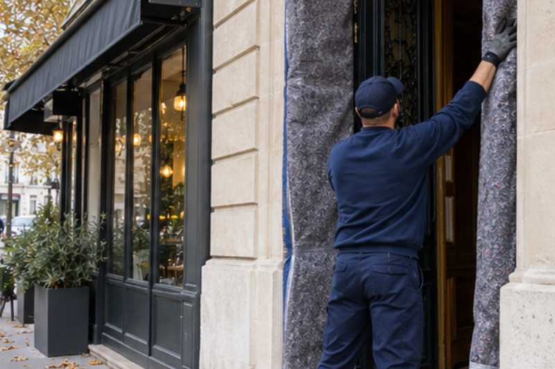 Déménageur qui protège l'encadrement de porte avec des couvertures, Fontenay-sous-Bois