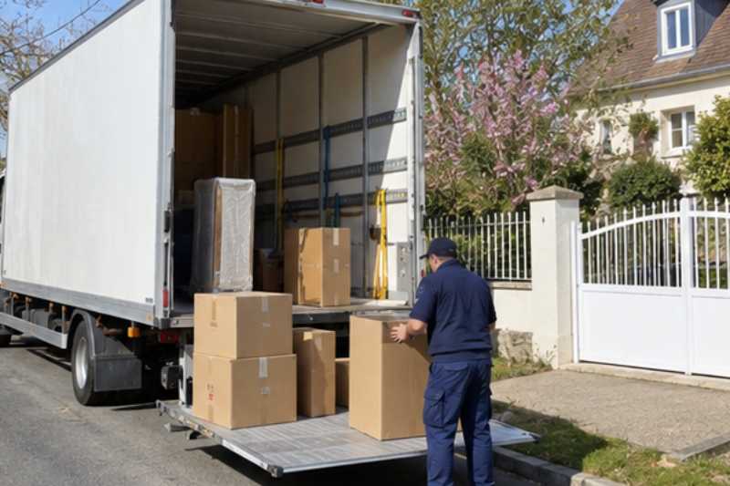 Camion de déménagement blanc garé le long du trottoir, hayon abaissé, cartons alignés, Franconville