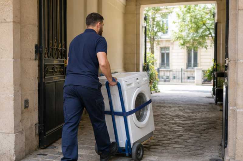 Déménageur qui roule un lave-linge sanglé sur un diable, porche bas d'immeuble ancien