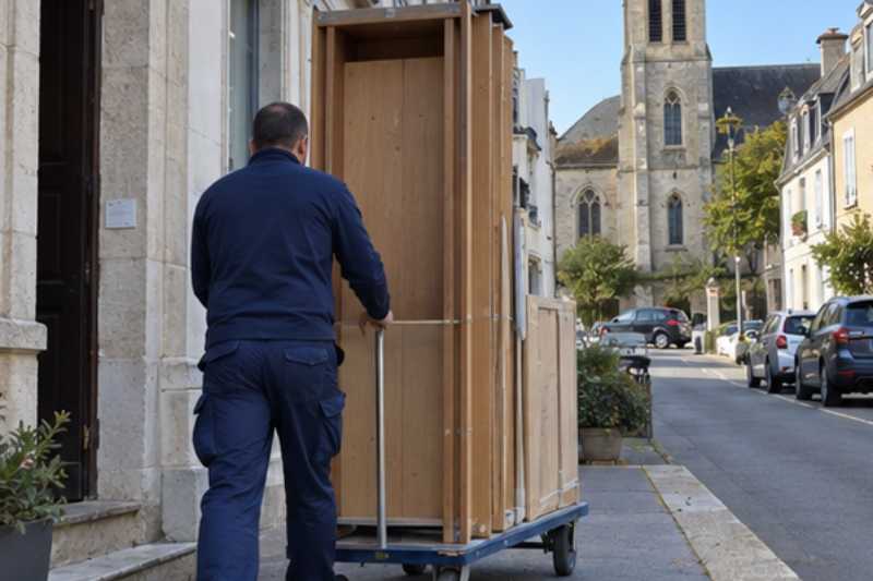 Déménageur qui roule une armoire démontée sur un chariot à plateau, Franconville