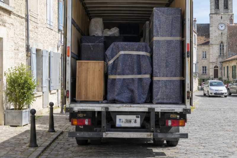 Vue arrière du camion ouvert, meubles calés sous couvertures, Garges-lès-Gonesse