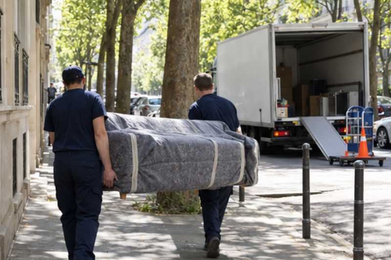 Deux déménageurs portent un canapé trois places sous couverture, trottoir, camion garé sur une place de livraison au loin