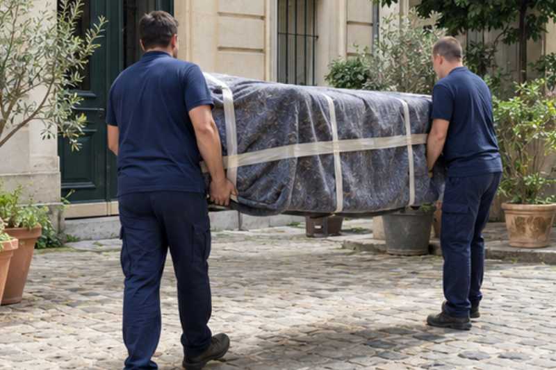 Deux déménageurs portent des meubles emballés sous couvertures, cour pavée d'immeuble ancien