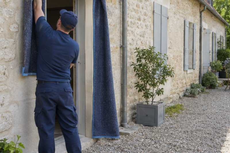 Déménageur qui protège l'encadrement de porte avec des couvertures, Garges-lès-Gonesse