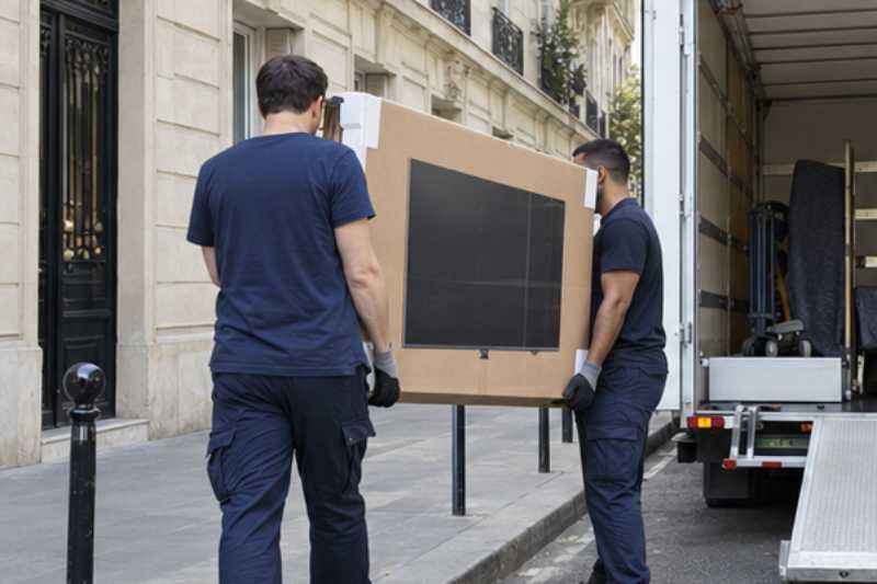 Deux déménageurs portent un grand téléviseur protégé par un carton épais, trottoir devant un immeuble, camion blanc en arrêt court