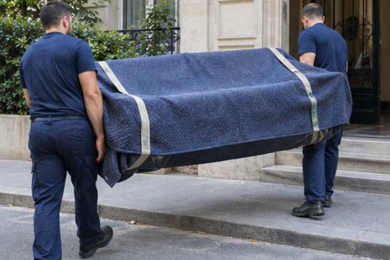 Deux déménageurs portent un canapé trois places sous couverture, rue résidentielle d'Île-de-France devant un immeuble
