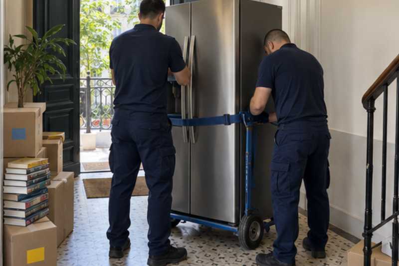 Deux déménageurs sanglent un réfrigérateur américain debout sur un diable, entrée d'appartement avec des cartons de livres empilés