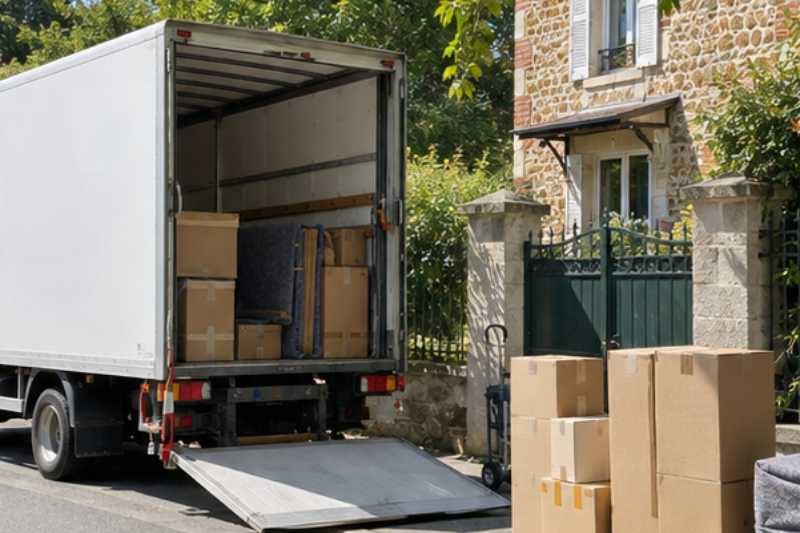 Camion de déménagement blanc garé le long du trottoir, hayon abaissé, cartons alignés, Hauts-de-Seine