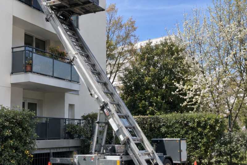 Monte-meuble déployé contre la façade, un fauteuil emballé sur la plateforme, Hauts-de-Seine