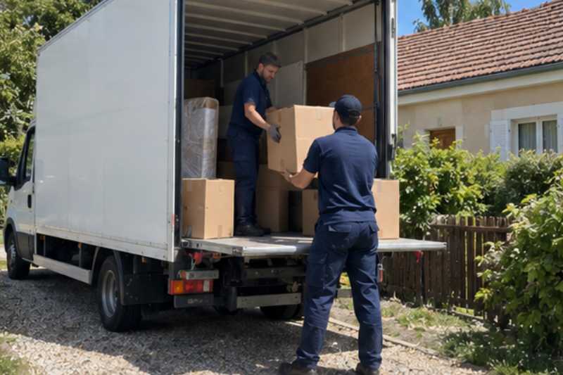 Camion blanc stationné devant l'entrée, deux déménageurs chargent des cartons, Herblay-sur-Seine