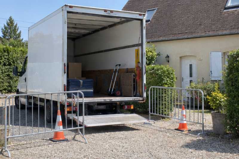 Camion blanc sur une place réservée délimitée par des barrières, Houilles