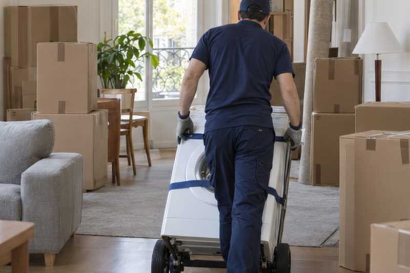Déménageur qui roule un lave-linge sanglé sur un diable, appartement aux cartons fraîchement fermés