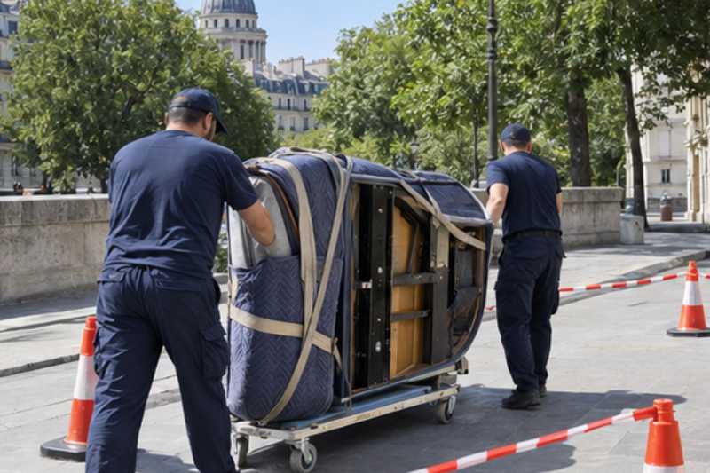 Déménageurs qui déplacent un piano demi-queue couché sur une planche de transport, protégé par des couvertures, trottoir urbain dégagé par un balisage léger