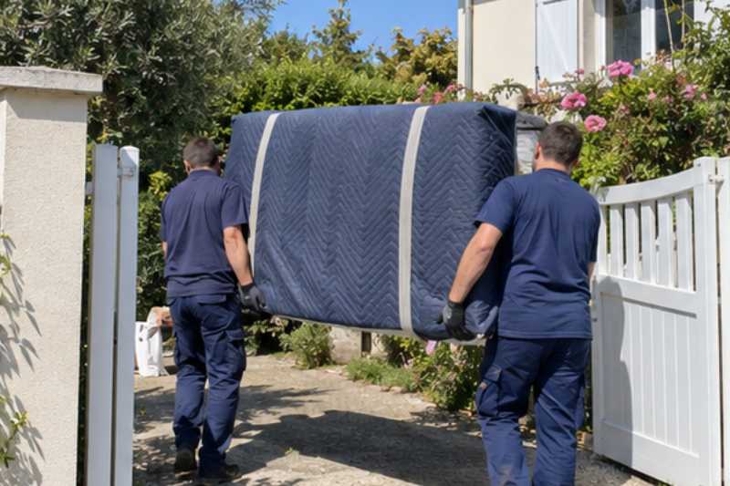 Déménageurs portant un matelas protégé par une housse, Houilles
