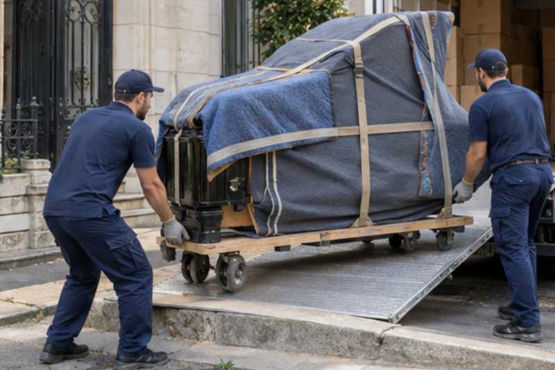 Déménageurs qui déplacent un piano demi-queue couché sur une planche de transport, protégé par des couvertures, rue résidentielle d'Île-de-France devant un immeuble