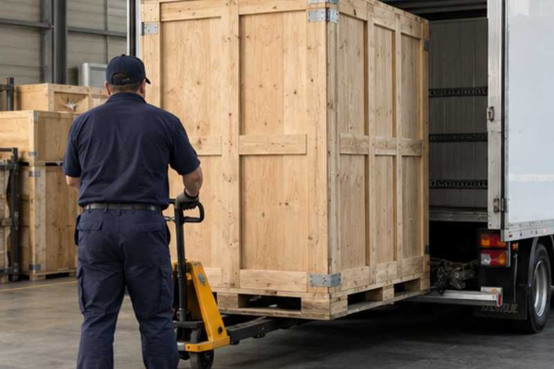 Caisse en bois de transport maritime en cours de chargement dans un entrepôt