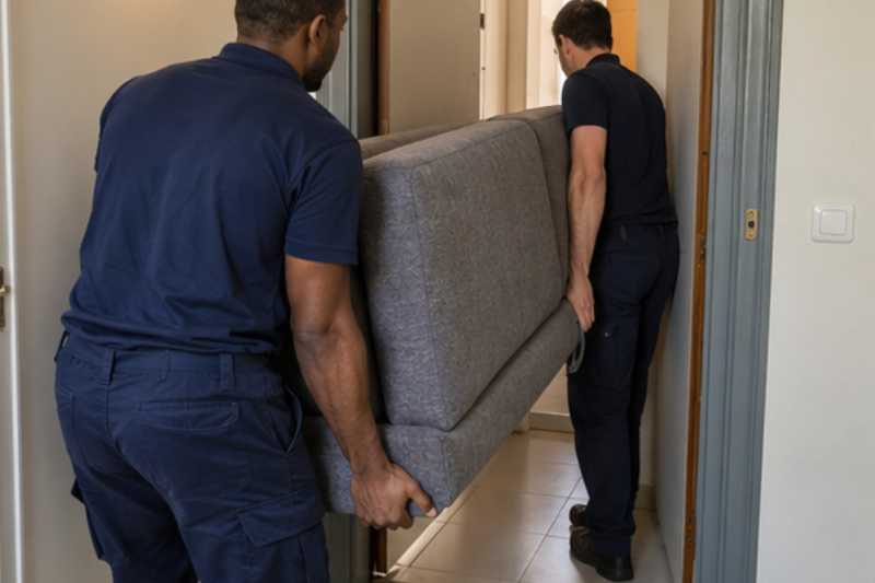 Deux déménageurs manœuvrent un canapé convertible lourd, porte palière étroite d'appartement