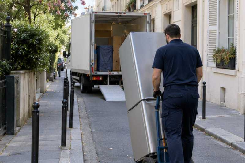 Déménageur qui roule un réfrigérateur combiné debout sur un diable, rue étroite, camion blanc garé plus loin