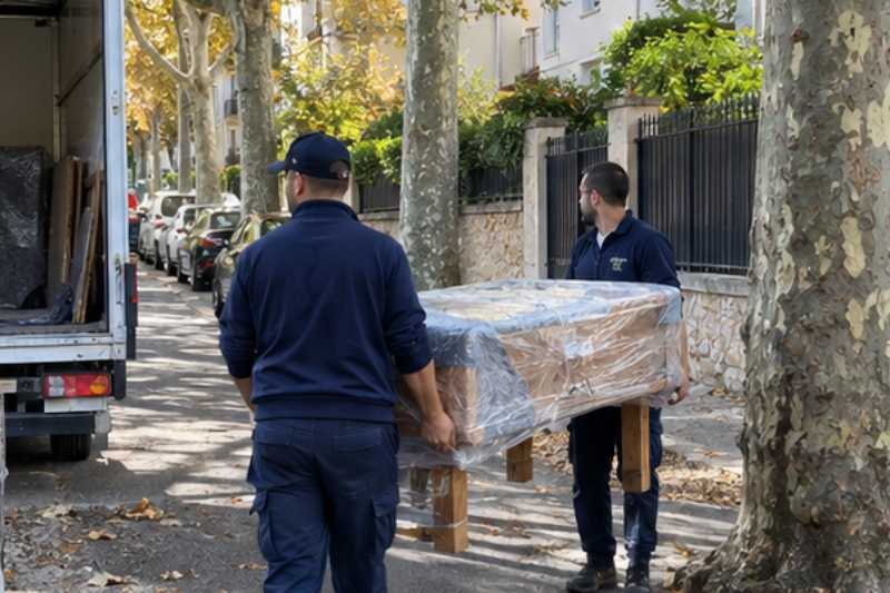 Deux déménageurs sortent une table en bois emballée, Issy-les-Moulineaux