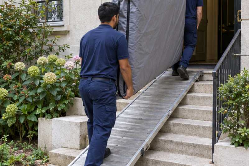 Deux déménageurs portent un grand matelas sous housse zippée, perron de quelques marches avec une rampe mobile posée