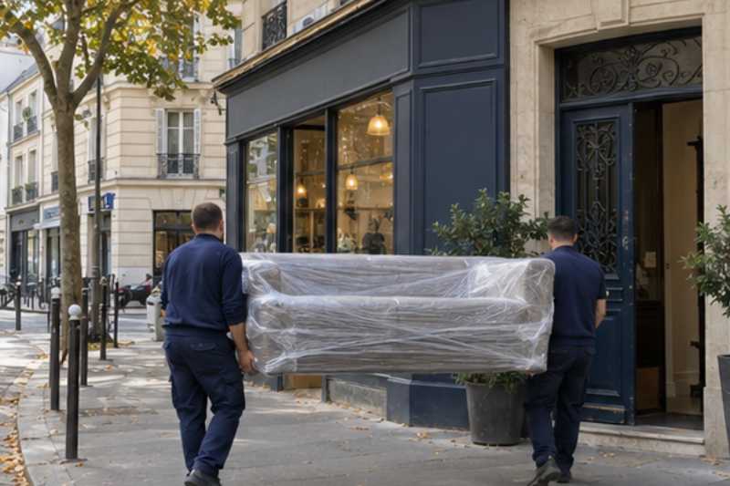 Déménageurs portant un canapé emballé sous film plastique, Ivry-sur-Seine